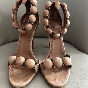Alaia La Bombe Heels Sandals Suede Blush Nude Poudre C404 37 MSRP $1430 Studded